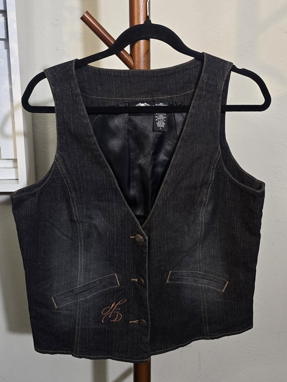Harley Davidson Women’s Black Denim Vest - Tailored Button-Front Sz L